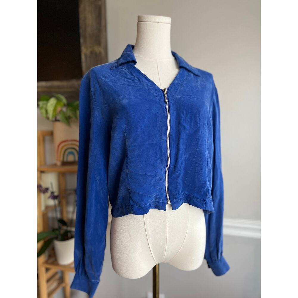 Vintage 90s Blue Cropped Blouse Zip Up Front Street Size Small